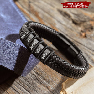 Personalized Beads Leather Bracelet with Kids Name, Gifts For Him Dad Son Grandpa