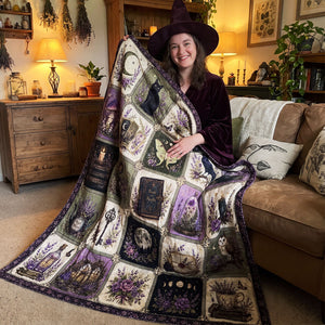 Witchy Lavender Blanket, Gothic Patchwork with Black Cat, Moon, Crystals and Spell Books