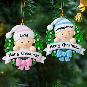 Lovely Baby On Christmas Wreath Personalized Handwritten Resin Christmas Ornament