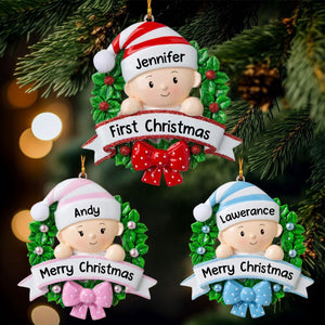 Lovely Baby On Christmas Wreath Personalized Handwritten Resin Christmas Ornament