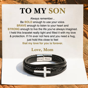 To My Son, Be Bold, Brave, and Strong Leather Cross Bracelet