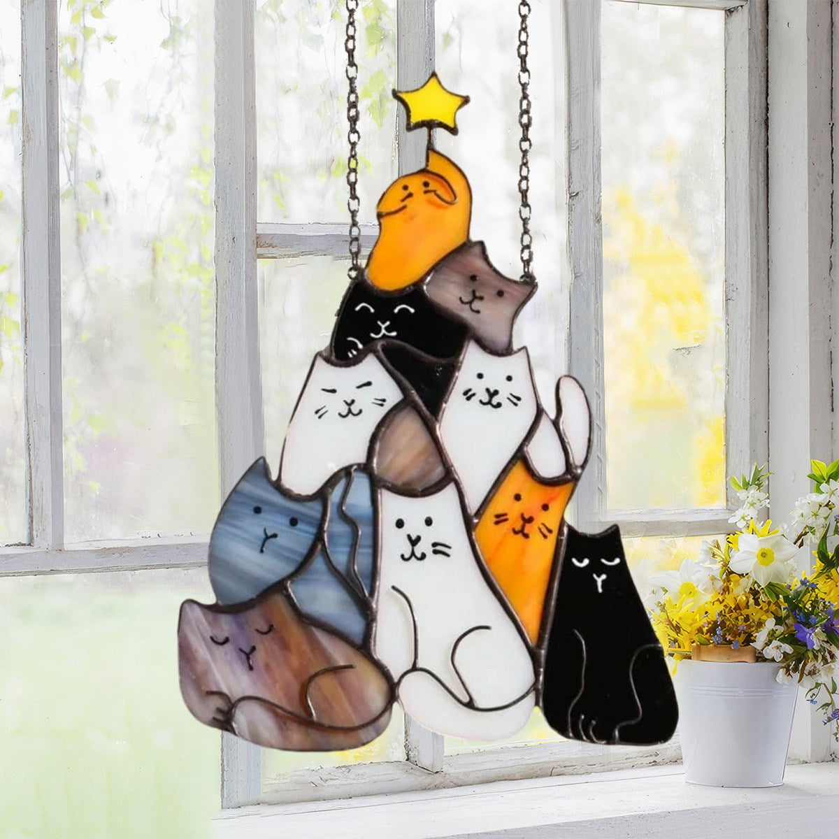 Cat Christmas Tree Suncatcher Ornament
