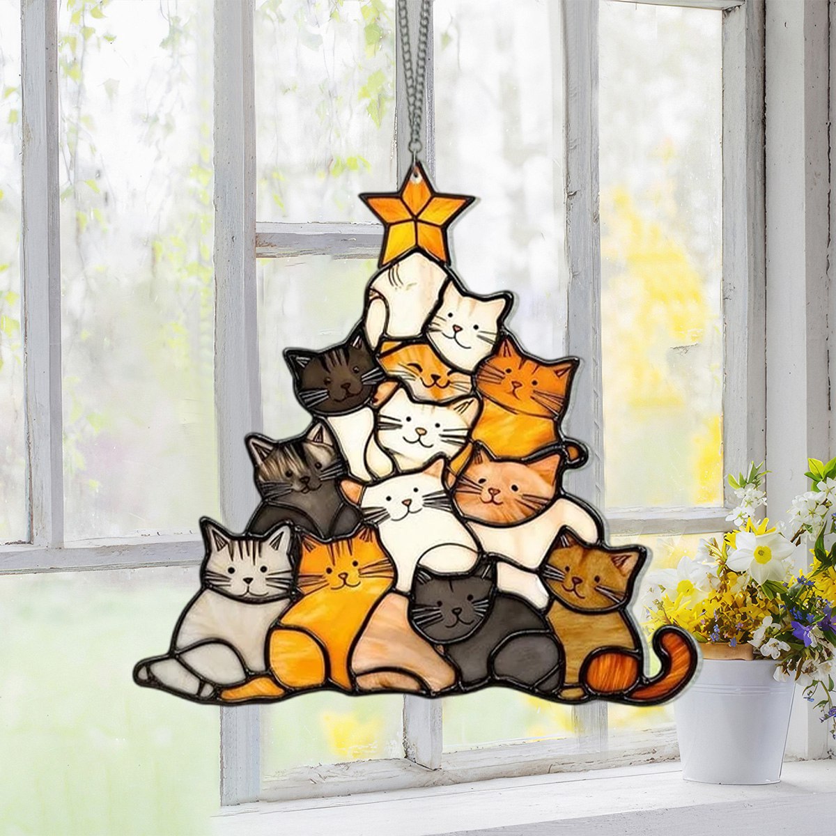 Cat Christmas Tree Suncatcher Ornament