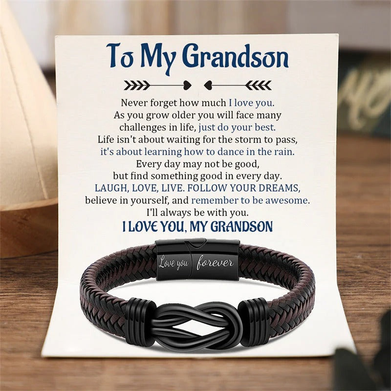 To My Grandson - You Will Never Lose - Men Infinity Leather Bracelet