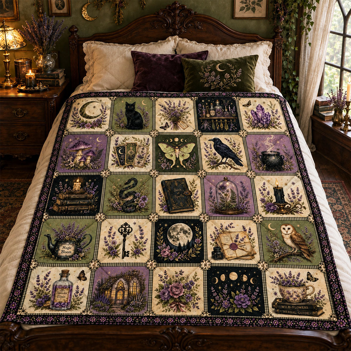 Witchy Lavender Blanket, Gothic Patchwork with Black Cat, Moon, Crystals and Spell Books