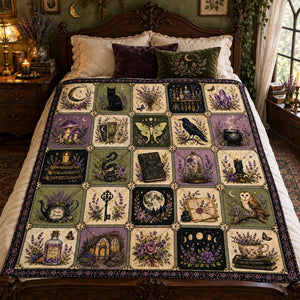 Witchy Lavender Blanket, Gothic Patchwork with Black Cat, Moon, Crystals and Spell Books
