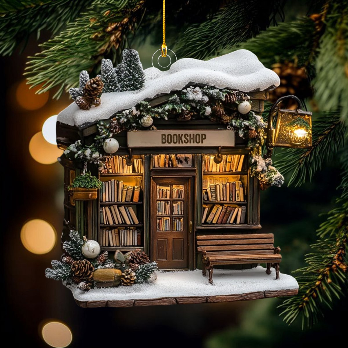 Literary Lantern Haven Bookshop Ornament, Gift For Bookish Lovers