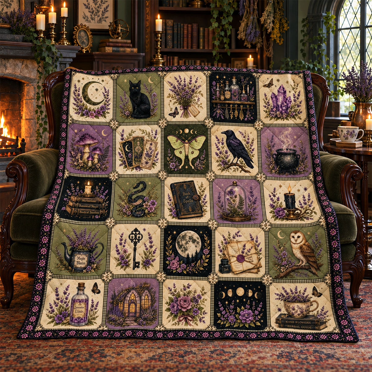Witchy Lavender Blanket, Gothic Patchwork with Black Cat, Moon, Crystals and Spell Books