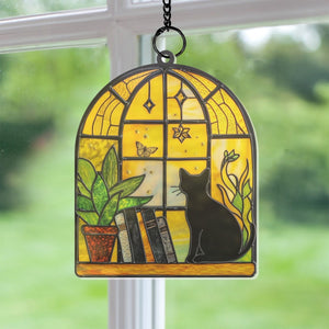 Black Cat And Book Ornament Suncatcher Window Hanging, Book Lover Gift, Bookish Ornament