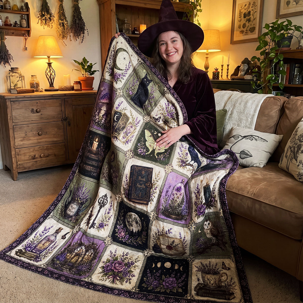 Witchy Lavender Blanket, Gothic Patchwork with Black Cat, Moon, Crystals and Spell Books