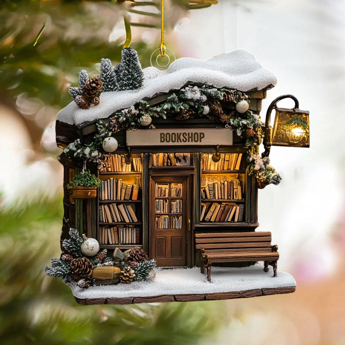 Literary Lantern Haven Bookshop Ornament, Gift For Bookish Lovers