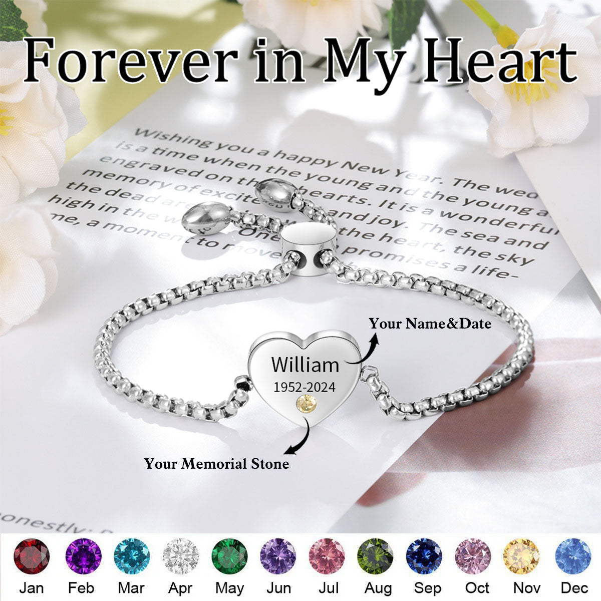 Memorial Custom with Name Date Birthstone Personalized Bracelet