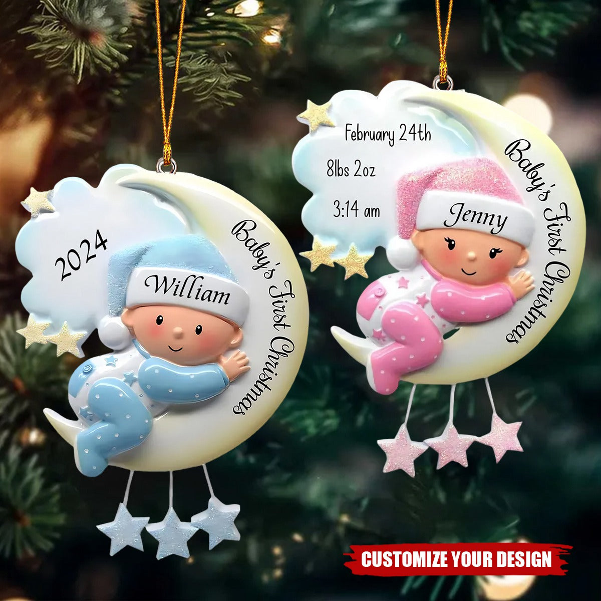 Baby Sleeping On Moon Personalized Handwritten Poly Resin Christmas Ornament