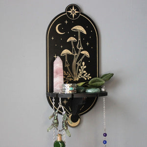 Celestial Mushroom Shelf Pendulum Holder, Mushroom Decor Altar Shelf Crystal Display