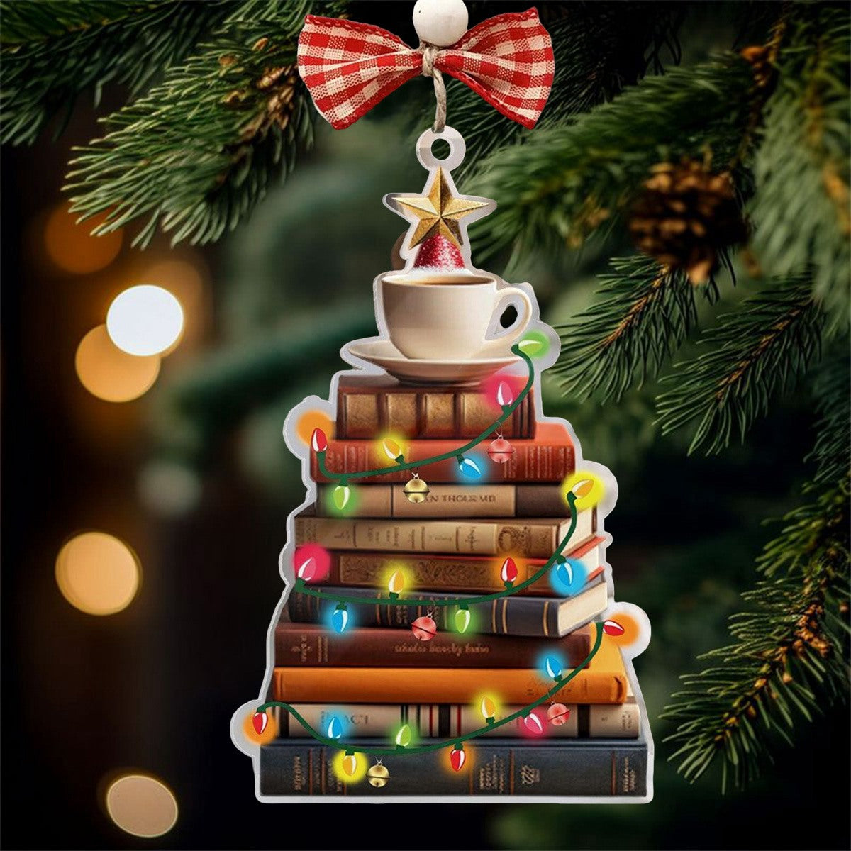 Christmas Book and Coffee Tree Christmas Ornament, Perfect Gift For Book Lovers