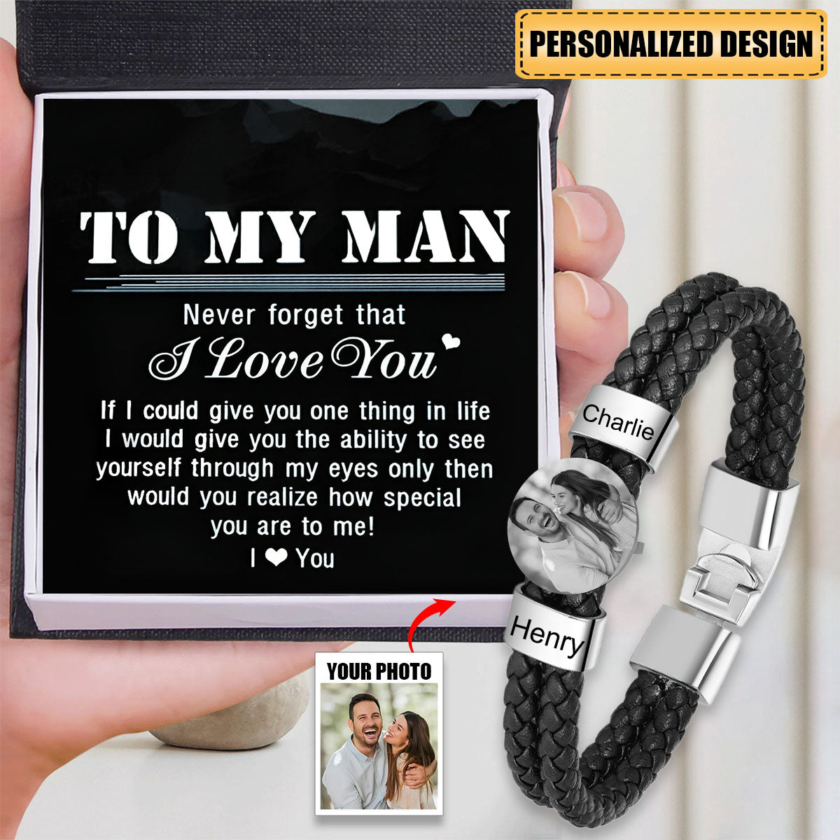 Personalized Photo Bracelet with 2 Names Leather Bracelet Beaded Wrap Bracelets