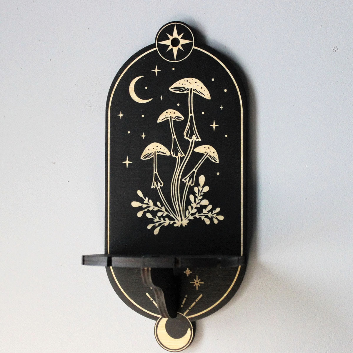 Celestial Mushroom Shelf Pendulum Holder, Mushroom Decor Altar Shelf Crystal Display