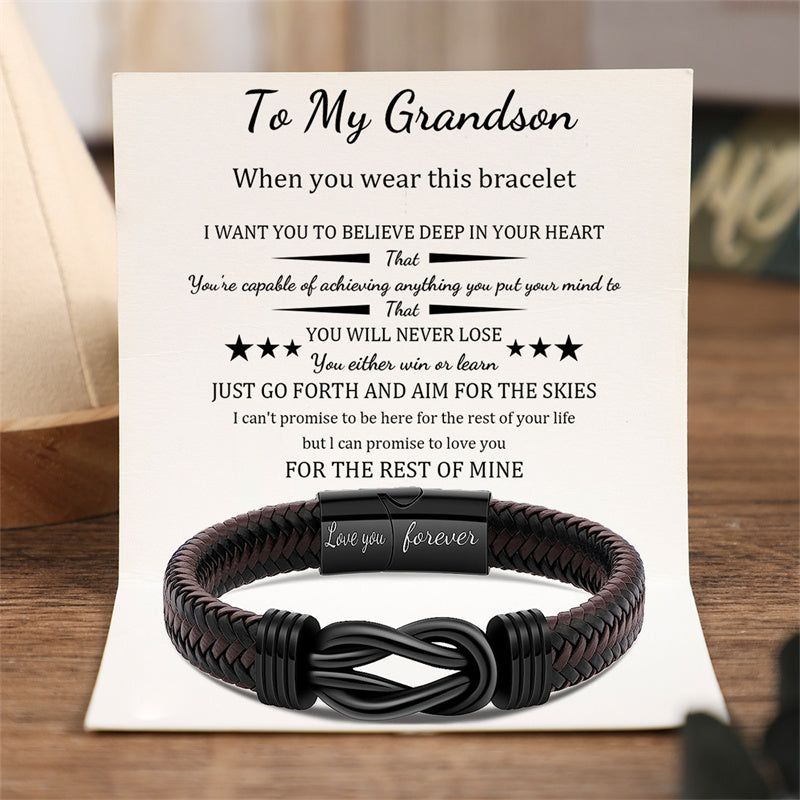 To My Grandson - You Will Never Lose - Men Infinity Leather Bracelet