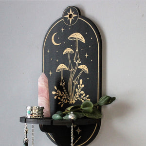 Celestial Mushroom Shelf Pendulum Holder, Mushroom Decor Altar Shelf Crystal Display