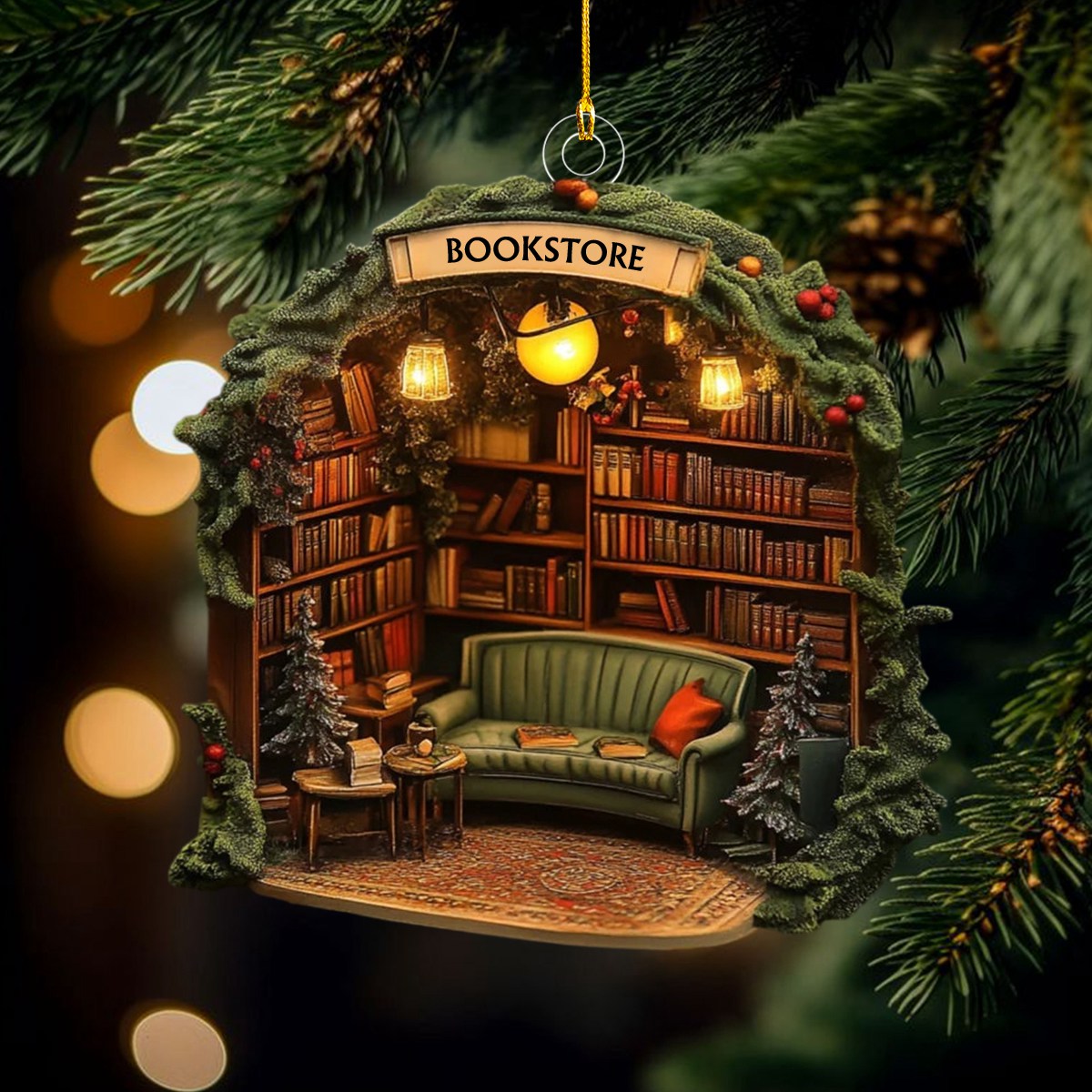 Pine n Prose Bookstore Ornament, Book Lover Gift, Librarian Gift