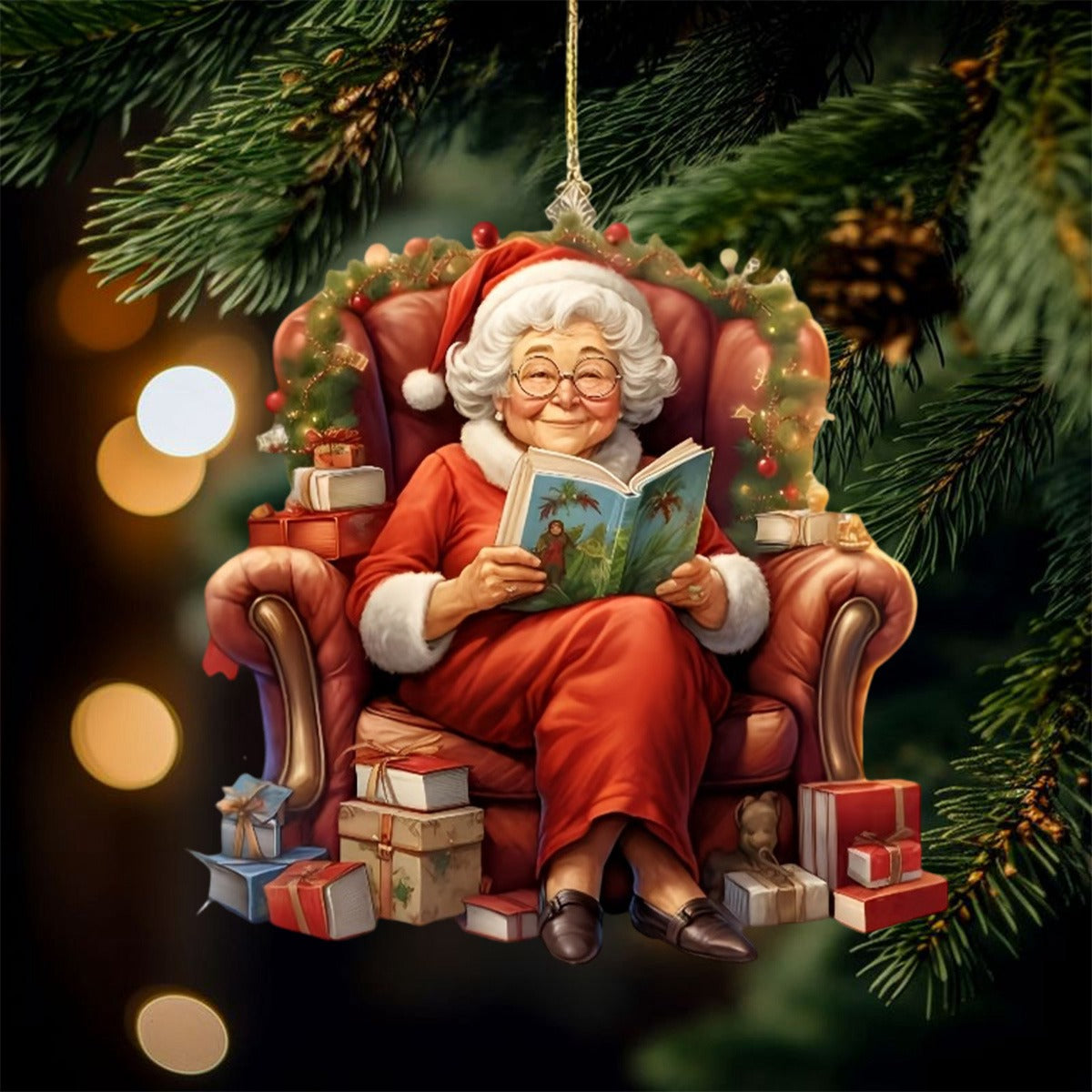 Christmas Santa Reading Book Ornament, Perfect Gift For Book Lovers Book Club Ornament