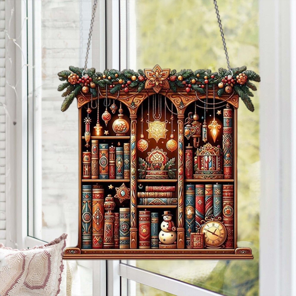 Christmas Bookshelf Suncatcher Ornament, Perfect Gift For Book Lovers