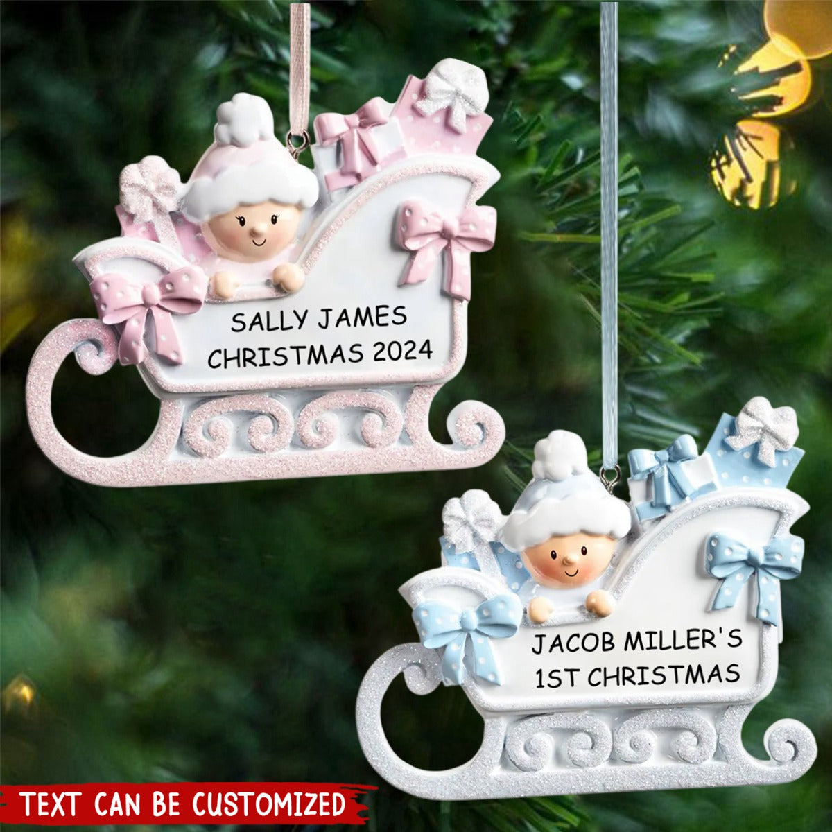 Cute Baby Sleigh Personalized Handwritten Poly Resin Ornament