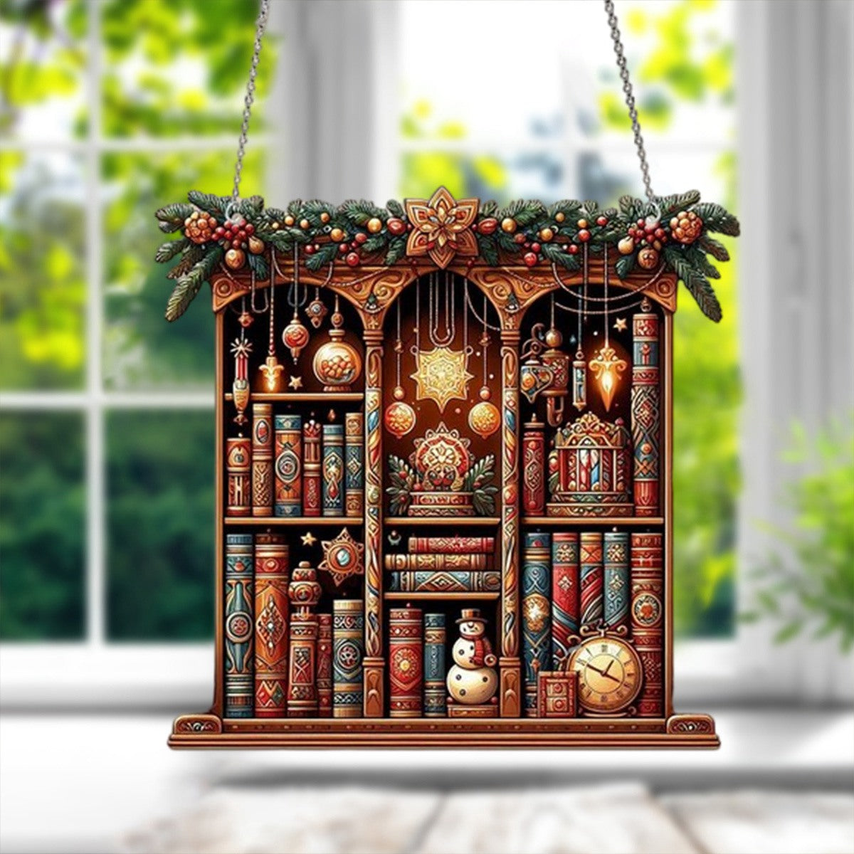 Christmas Bookshelf Suncatcher Ornament, Perfect Gift For Book Lovers