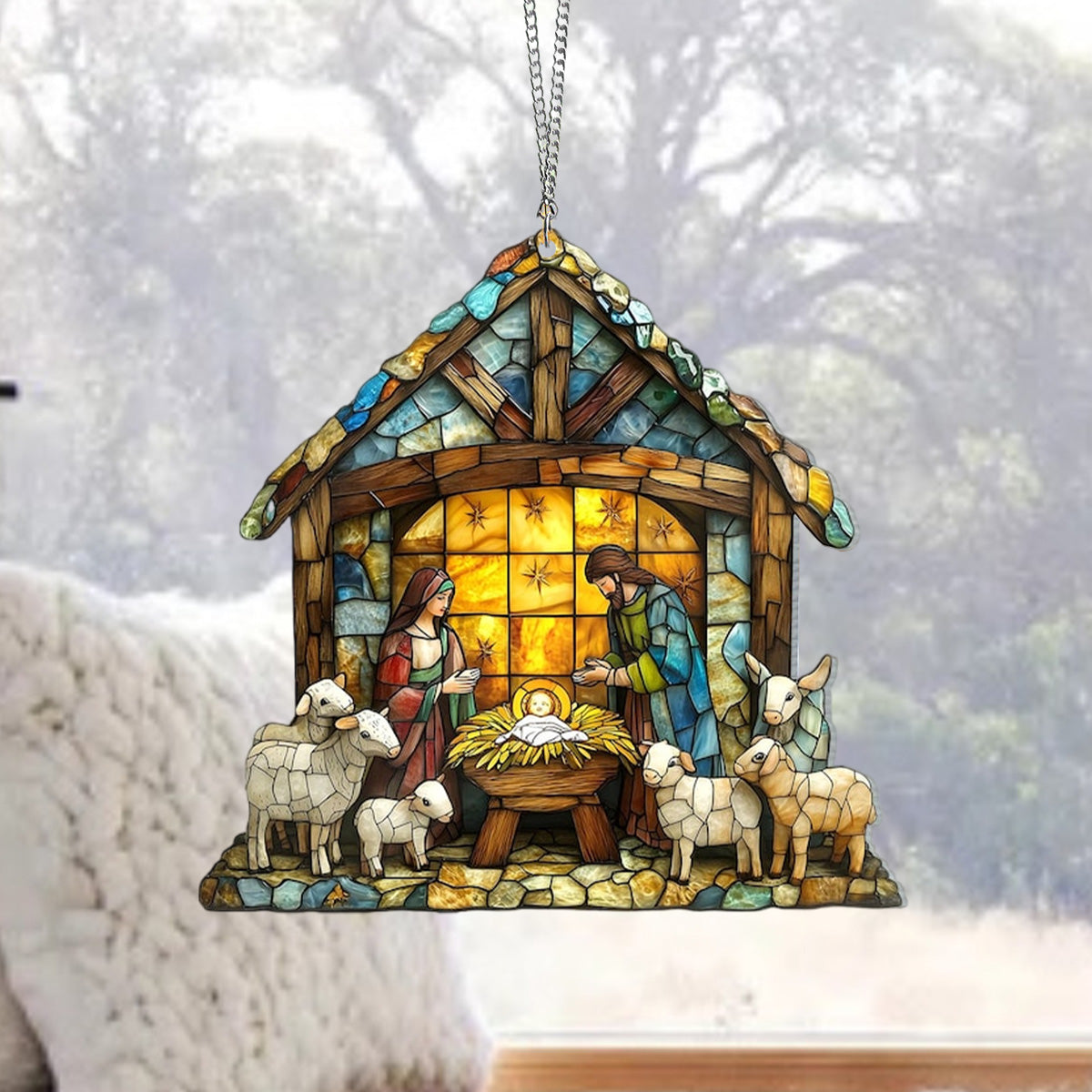 Nativity Scene Suncatcher, Faux Stained Acrylic Christian Window Hanging