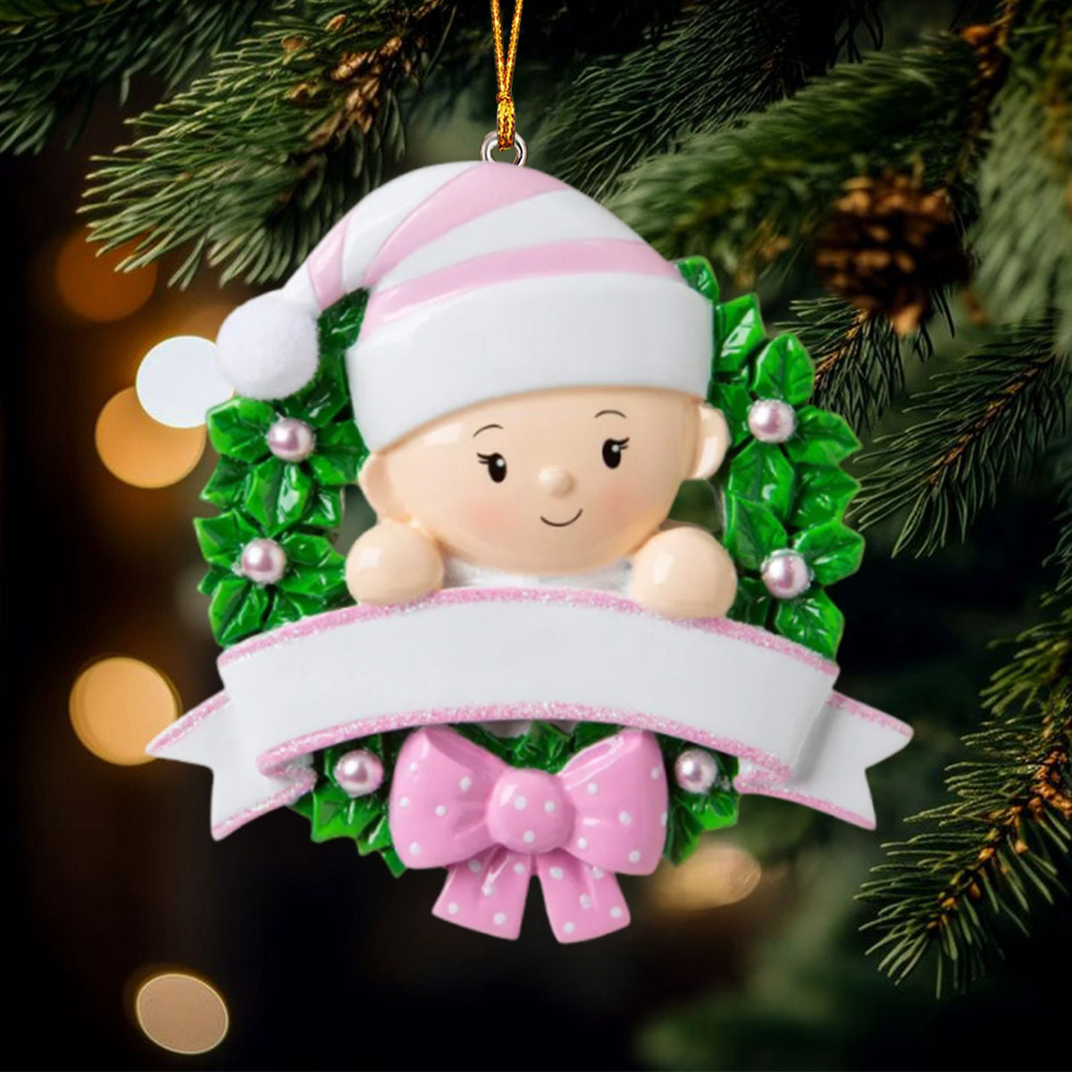 Lovely Baby On Christmas Wreath Personalized Handwritten Resin Christmas Ornament