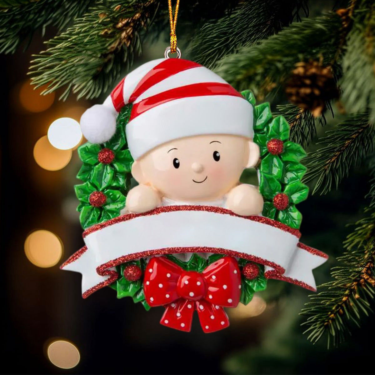 Lovely Baby On Christmas Wreath Personalized Handwritten Resin Christmas Ornament