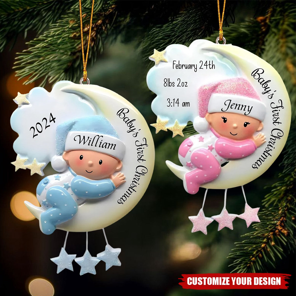 Baby Sleeping On Moon Personalized Handwritten Poly Resin Christmas Ornament