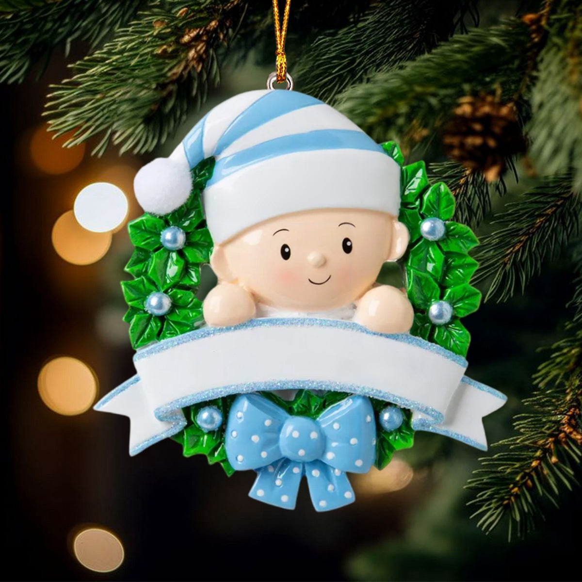 Lovely Baby On Christmas Wreath Personalized Handwritten Resin Christmas Ornament