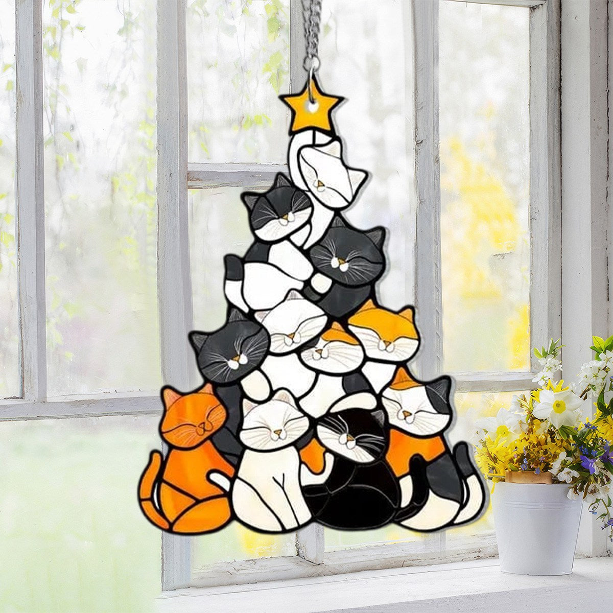 Cat Christmas Tree Suncatcher Ornament