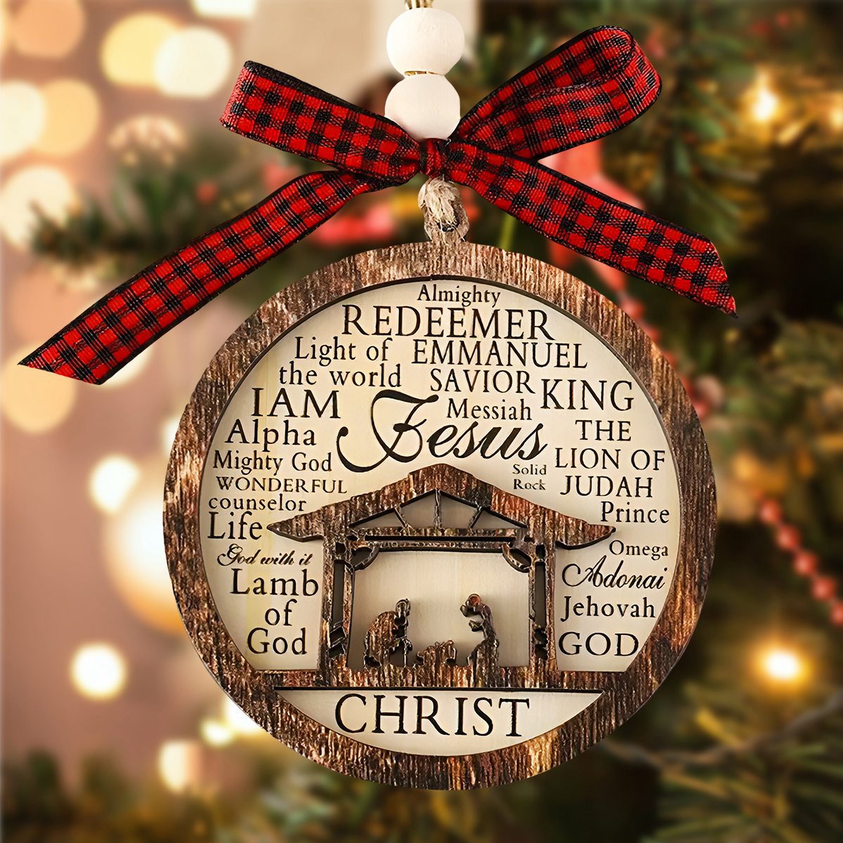 Wooden Nativity Scene Christmas Ornament 2 Layers Ornament, Christ Birth Hanging Decoration with Names of God