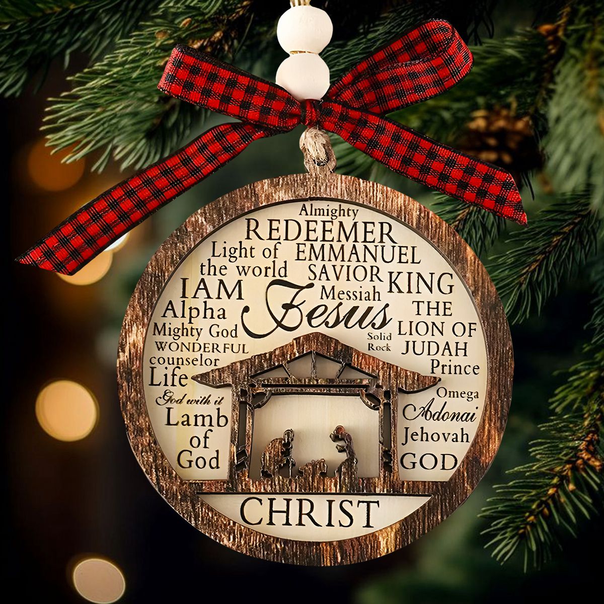 Wooden Nativity Scene Christmas Ornament 2 Layers Ornament, Christ Birth Hanging Decoration with Names of God