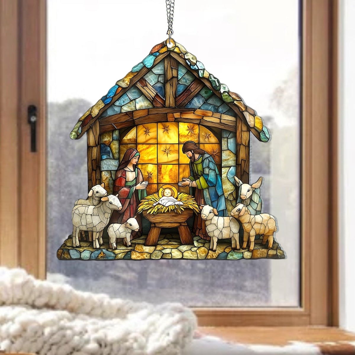 Nativity Scene Suncatcher, Faux Stained Acrylic Christian Window Hanging