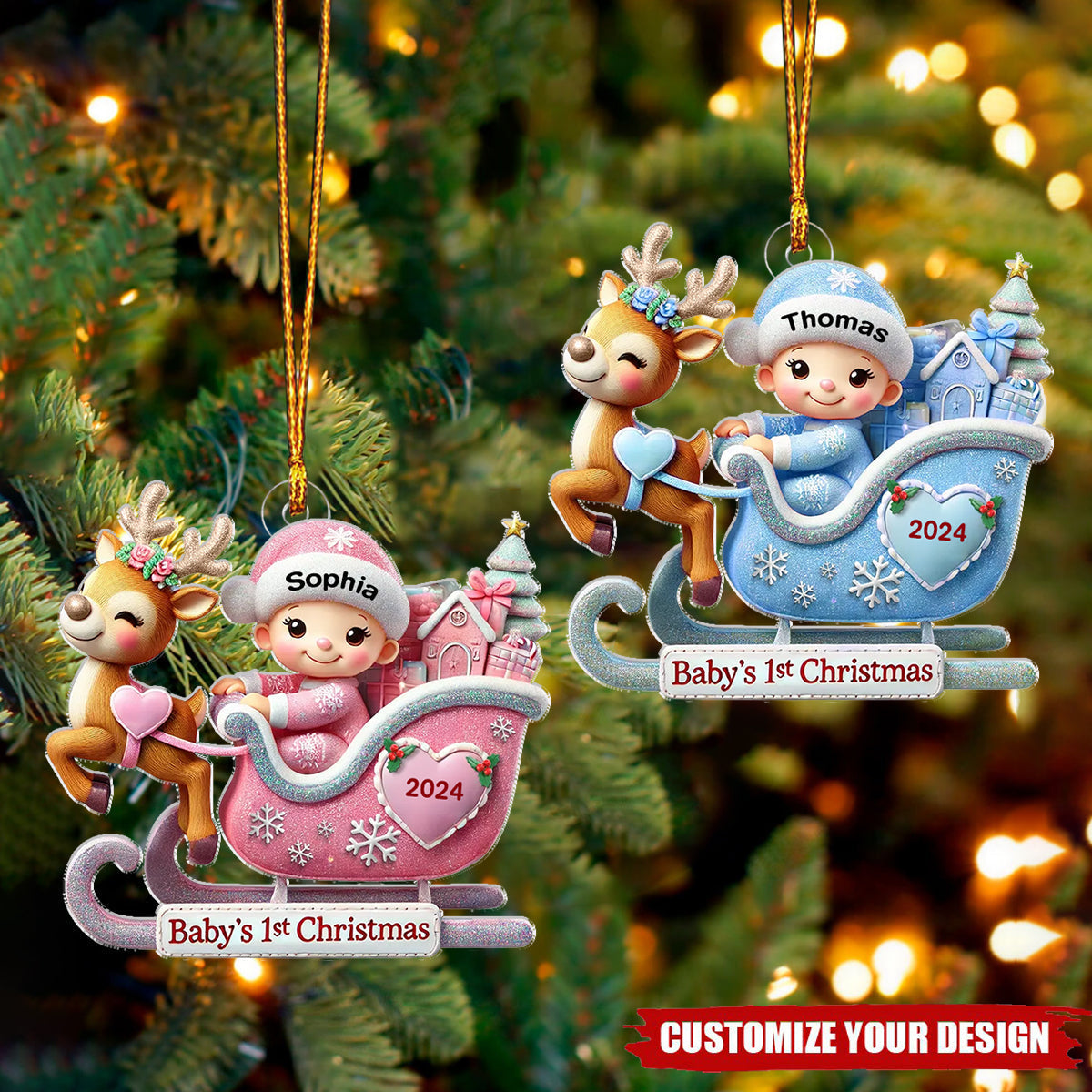 Baby First Christmas Newborn On Sleigh Keepsake Personalized Acrylic Ornament