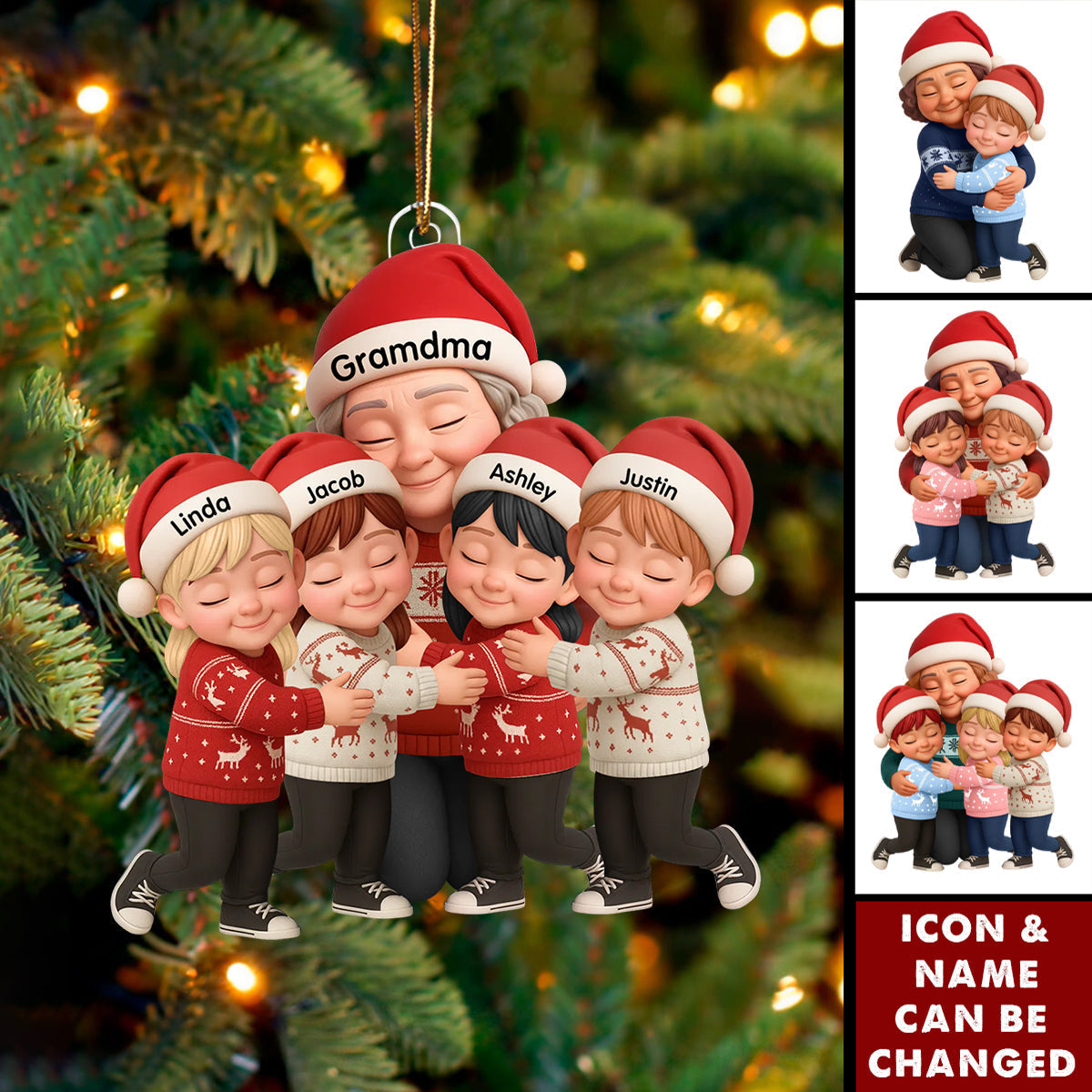 Grandma Hugging Grandkids - Personalized Acrylic Ornament - Heartwarming Christmas Gift for Grandma, Grandkids