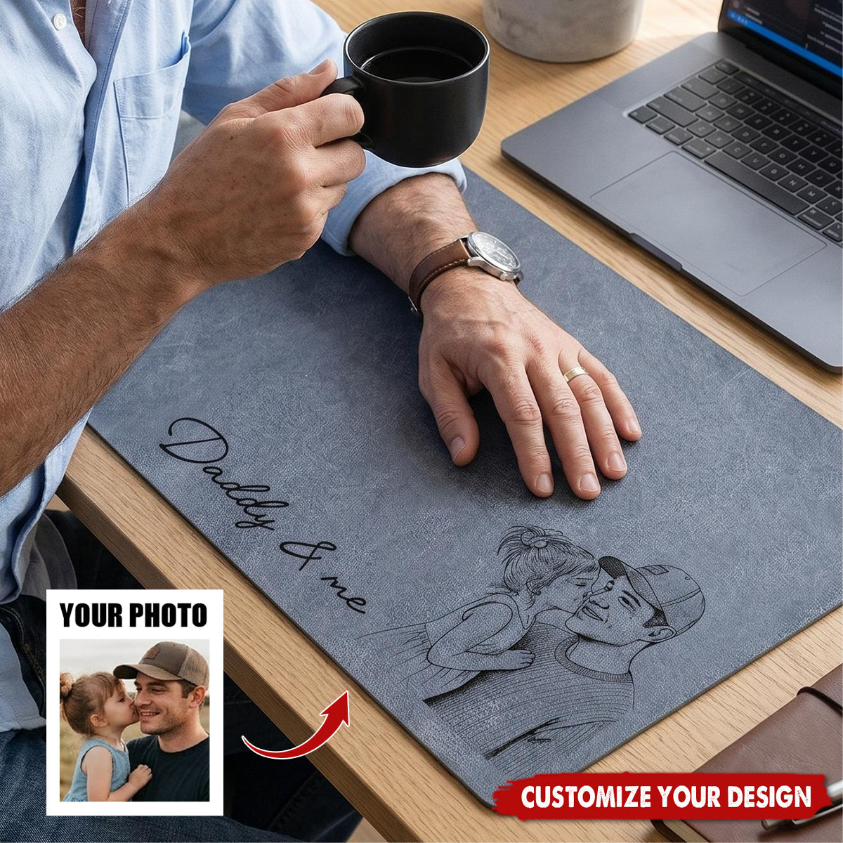 Father's Day Gifts, We Love You Custom Photo Sketch Line Art Father's Day Gift For Husband, Dad - Personalized Desk Mat