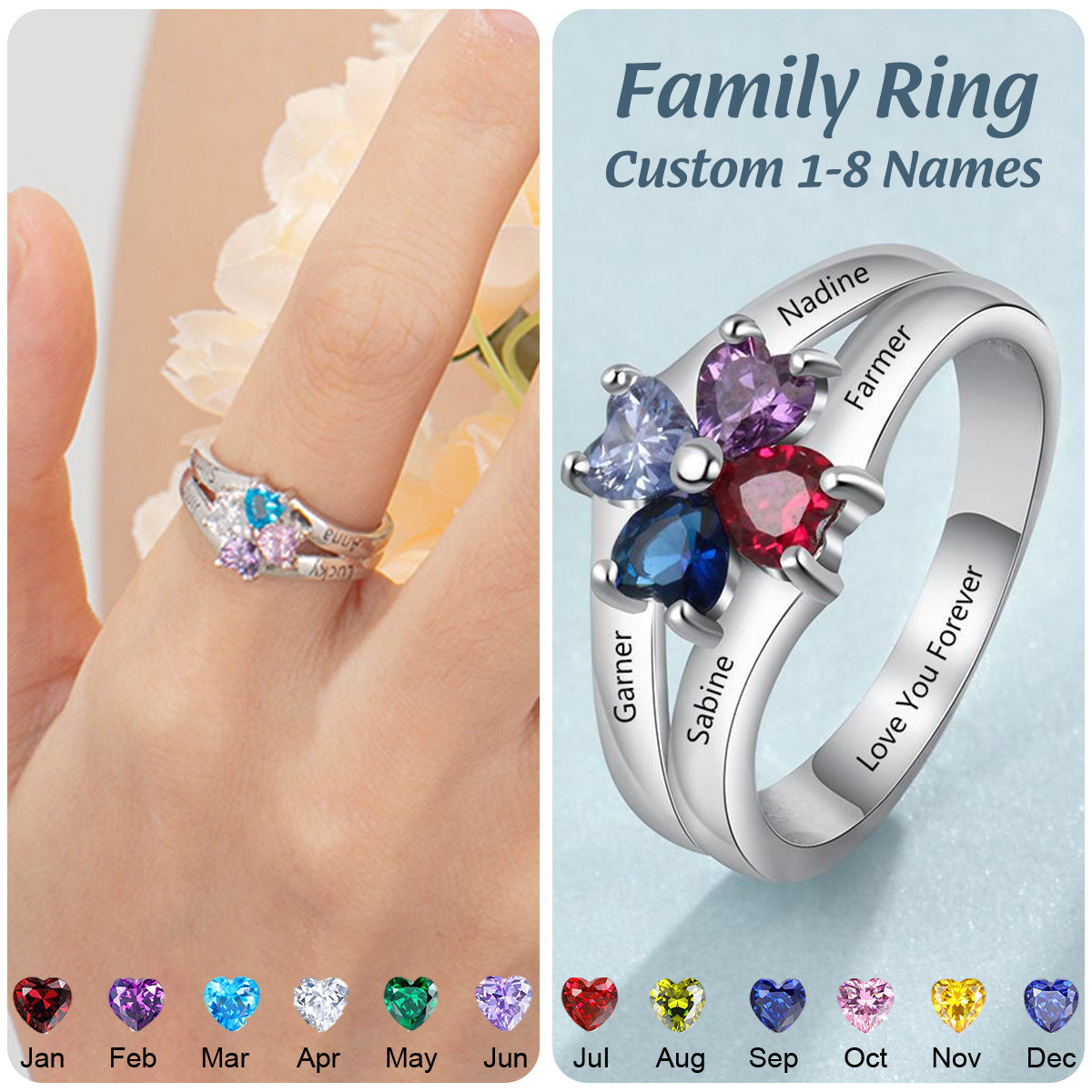 Love Each Other Custom Family Heart Birthstones Personalized Ring, Gift For Mom Grandma
