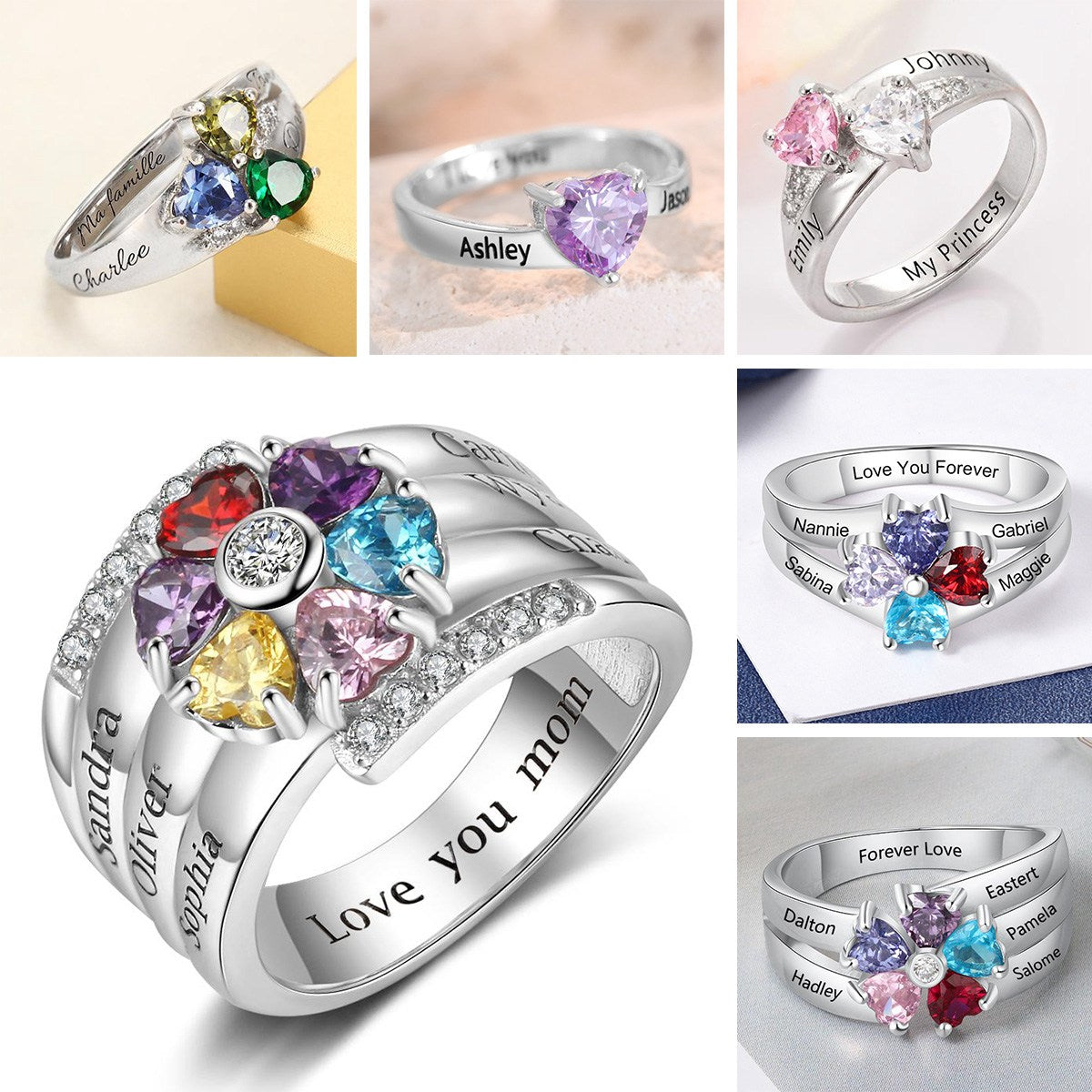 Love Each Other Custom Family Heart Birthstones Personalized Ring, Gift For Mom Grandma