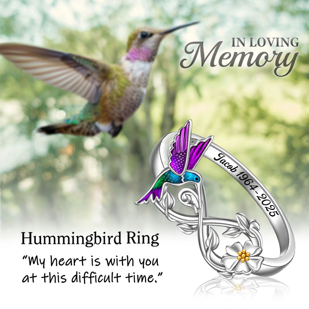 Infinity Purple Hummingbird Flower Engraved Text Peronalized Memorial Ring