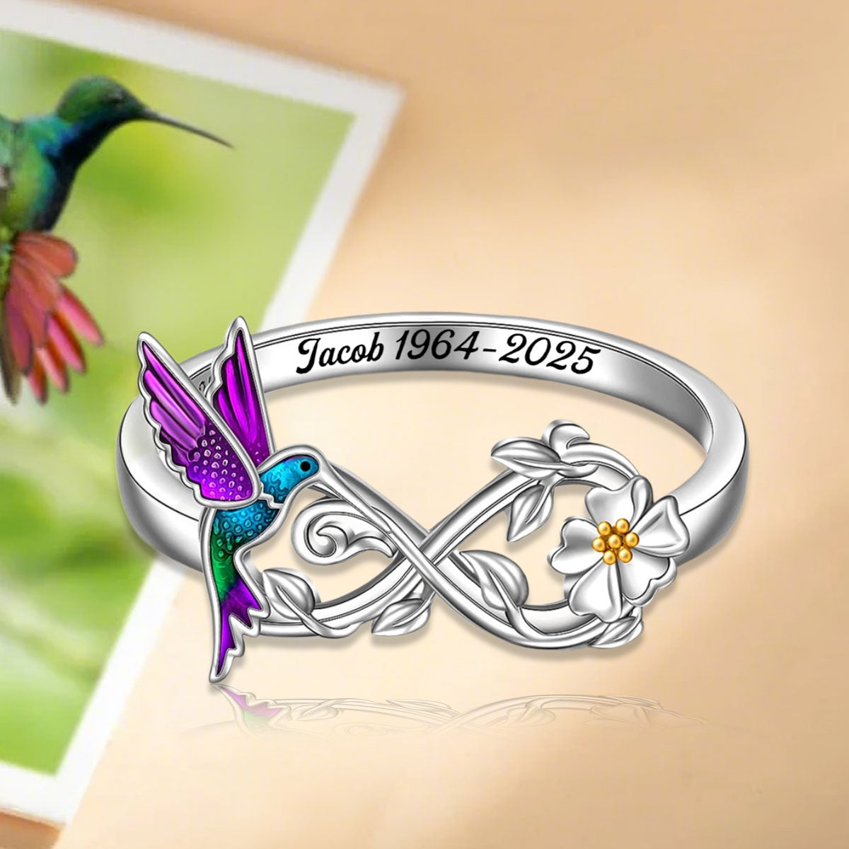 Infinity Purple Hummingbird Flower Engraved Text Peronalized Memorial Ring