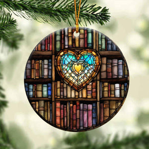 Heart Bookshelf Ceramic Christmas Ornament - Unique Book Lover Gift