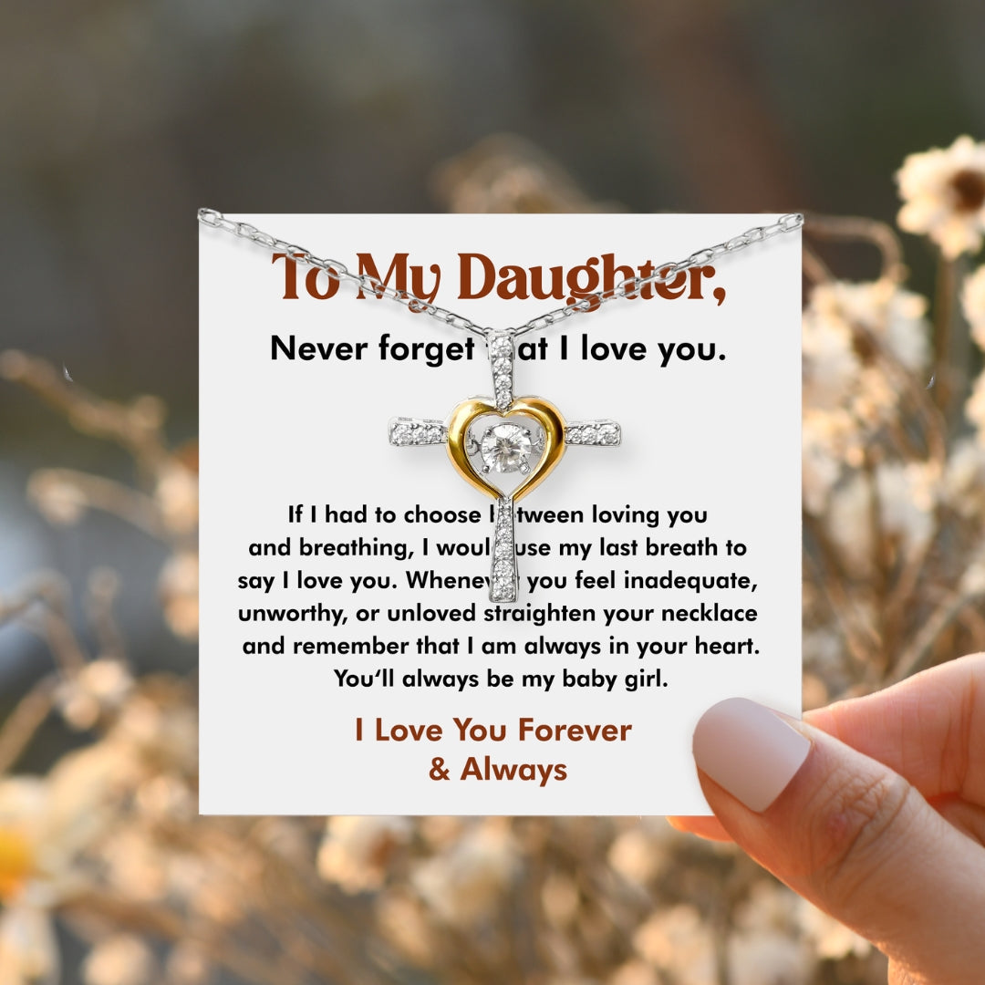 To My Daughter, Always In Your Heart Cross and Heart Necklace