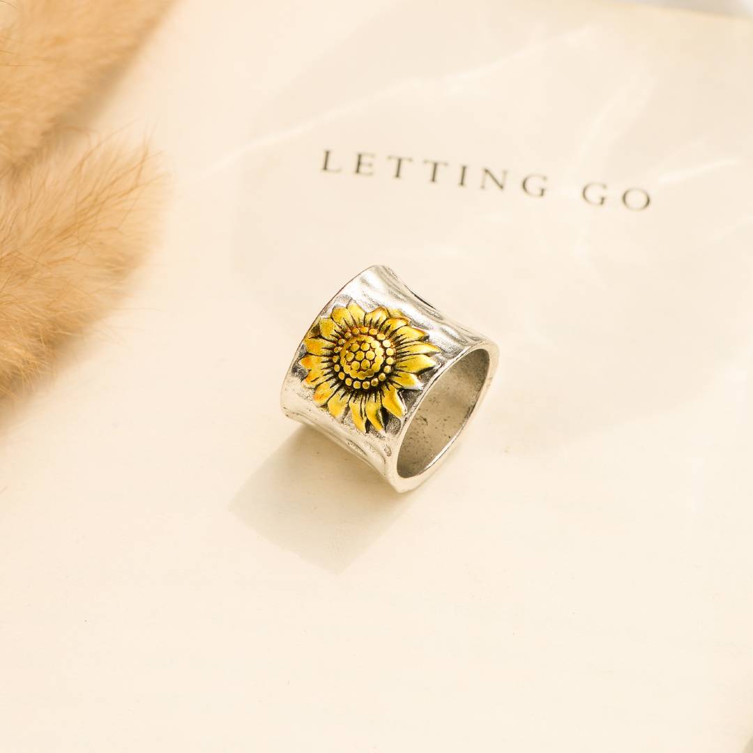 To My Daughter Golden Sunflower Wide Band Ring