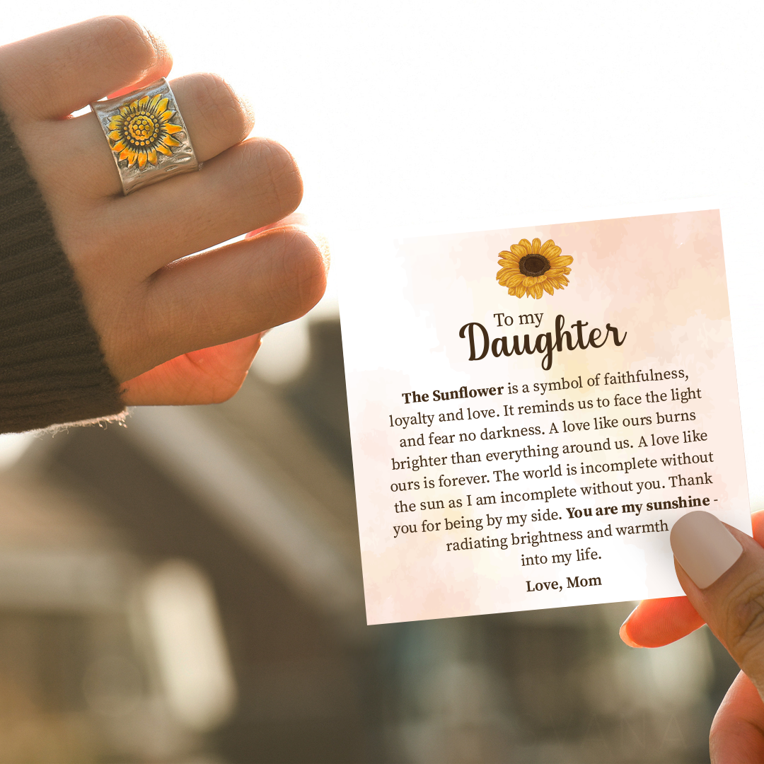 To My Daughter Golden Sunflower Wide Band Ring