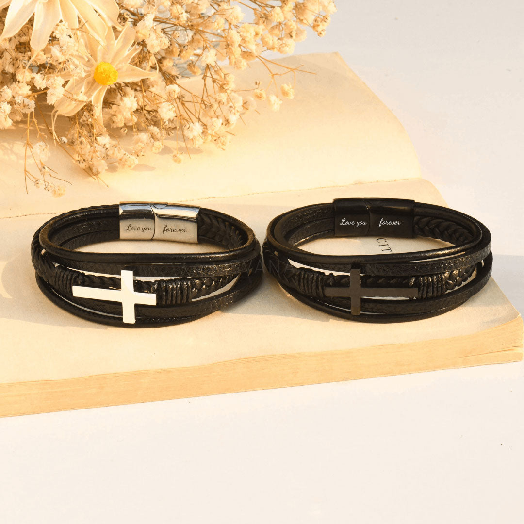 To My Son, Be Bold, Brave, and Strong Leather Cross Bracelet