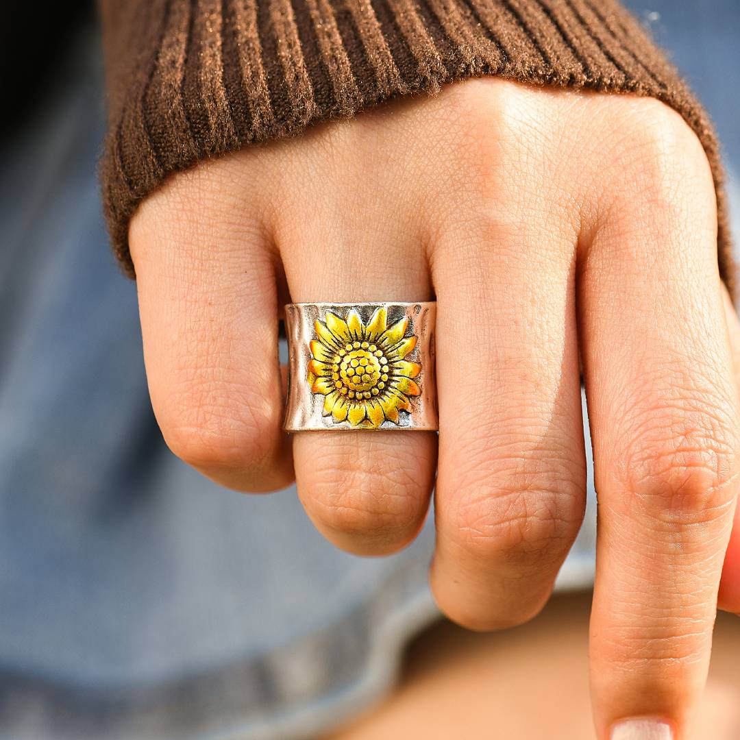 To My Daughter Golden Sunflower Wide Band Ring